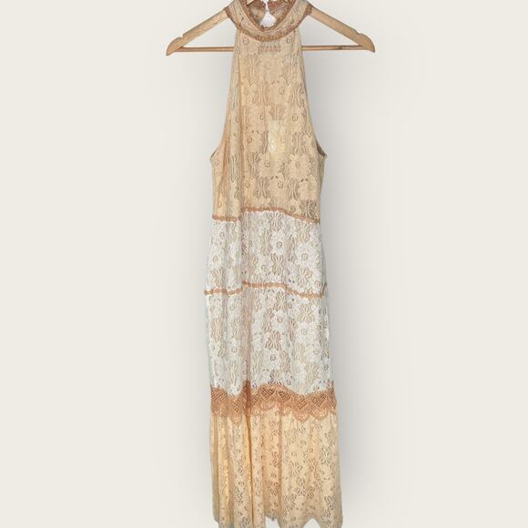 Foxiedox Amelia Lace Halter Midi Dress | Medium | Beige Mermaid Tiered Cottage - Picture 2 of 10